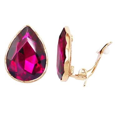Imagem de Rosemarie & Jubalee Brincos femininos grandes com clipe em gota de cristal de vidro brilhante, 2,8 cm rosa