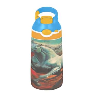 Imagem de ATTX Garrafa de água de 473 ml com pintura galopante de cavalo – Garrafa de água reutilizável Tritan Sports & Travel com canudo e tampa de bico pop-up #492
