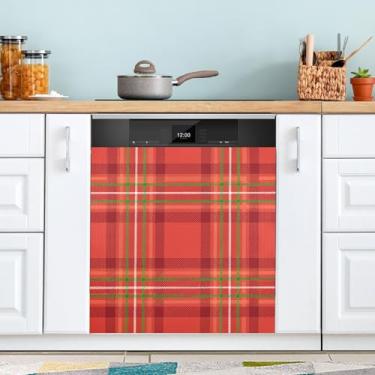 Imagem de ATTX Capa de ímã de lava-louças padrão xadrez vermelho, 58 cm C x 66 cm A decoração da capa frontal da máquina de lavar louça, decalques de armário doméstico adesivos de eletrodomésticos #51