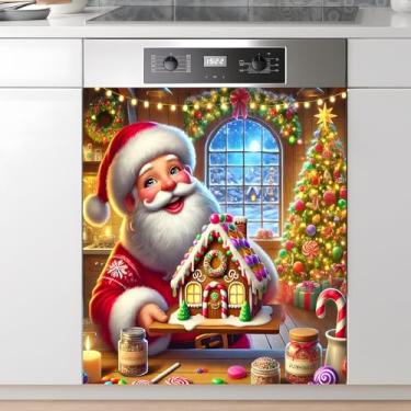 Imagem de AOHMPT Capa de adesivo de ímã de lava-louças: Decalque de painel de padrão de Natal decorativo para decoração de cozinha, 58 cm x 66 cm decoração de painel de adesivos de decoração de eletrodomésticos