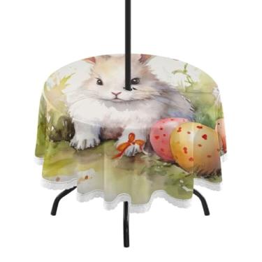 Imagem de ATTX Toalha de mesa redonda de coelho fofo de Páscoa - 158 cm, impermeável, à prova de derramamento, uso interno/externo, com orifício para guarda-chuva com zíper para acampamento, piquenique, praia