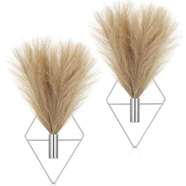 Imagem de Canlierr 2 peças de decoração de parede boho com plantas artificiais, vaso suspenso de metal, suporte de plantas internas, arte de parede moderna para banheiro, quarto, sala de estar, prata, grama dos