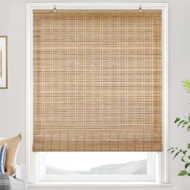 Imagem de LazBlinds Persianas de bambu sem fio, persianas de enrolar de bambu para janelas, persianas suspensas com filtro de luz, persianas para varanda interna/externa, 76 cm L x 162 cm A, marrom206