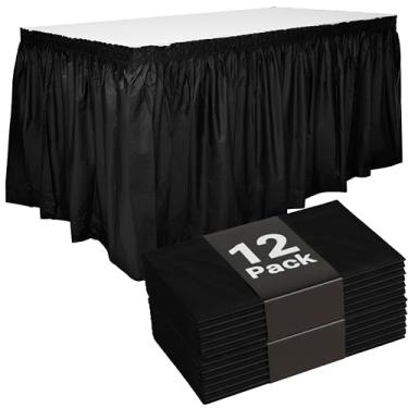 Imagem de 12 saias de mesa pretas para mesas retangulares - Saias de mesa de plástico descartáveis de 74 x 4,3 m para festas, recepções de casamento - Serve para mesas de até 2,4 m de comprimento