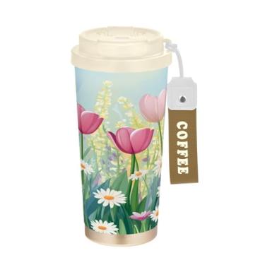 Imagem de STAYTOP Caneca de café Spring Beautiful Watercolor Tulipa isolada para viagem de 500 ml, copo de café reutilizável de aço inoxidável com tampa flip à prova de vazamento à prova de vazamento para