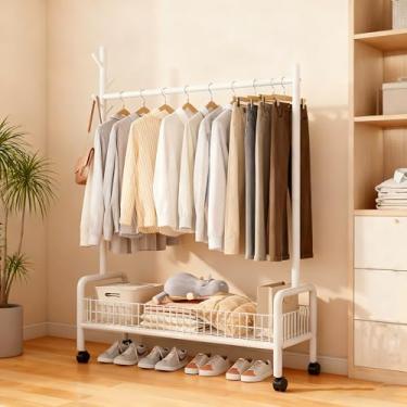 Imagem de Pleatopia Arara de roupas com prateleiras de armazenamento, suporte de roupas resistente com rodas para quarto, sala de estar, organização de lavanderia