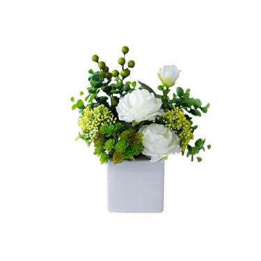 Imagem de YYBOES Flores artificiais para decoração de flores artificiais arranjo floral falso em vaso de cerâmica bonsai planta artificial em vaso para decoração de mesa de casa Artifici