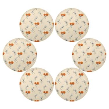 Imagem de Wassud Jogo americano conjunto de 6 tapetes de mesa redondos de abóbora com esqueletos alegres para cozinha e jantar, tapetes laváveis resistentes ao calor, decoração de mesa 39 cm