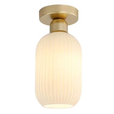 Imagem de Luminária de teto LED semi-embutida dourada para sala de jantar, estilo vintage, com cúpula oval de vidro canelado branco, ideal para banheiro, corredor, quarto, hall de entrada e varanda.