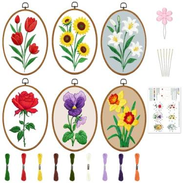 Imagem de INFUNLY Pacote com 6 kits de bordado de forma elíptica para iniciantes e flores, kits de bordado DIY para adultos, conjunto de pontos de agulha com estampa de rosa e girassol com instruções passo a