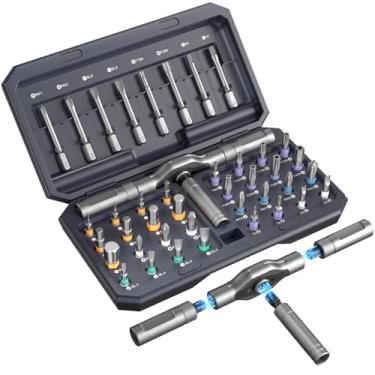 Imagem de VEYSMOU Conjunto de chaves de fenda catraca magnética 42 em 1 com alça e estojo em T removíveis, kit de chave de precisão multibits para eletrônicos, PC, bicicletas, consertos de móveis, óculos e