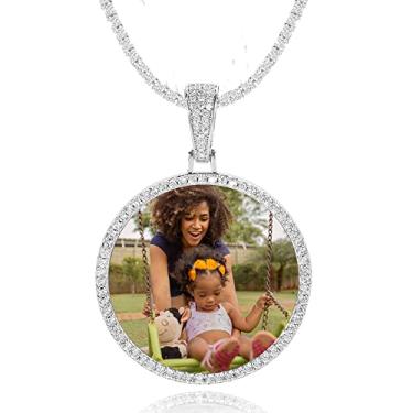 Imagem de QUNTING Colar de imagem com pingente de foto personalizado para homens, corrente de imagem redonda personalizada para mulheres, medalhão, hip hop, joias, faça você mesmo, crachá, chaveiro, bolsa