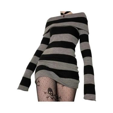 Imagem de Vestido Mini Bodycon Listrado Feminino Com Ombros Descidos E Manga Lon