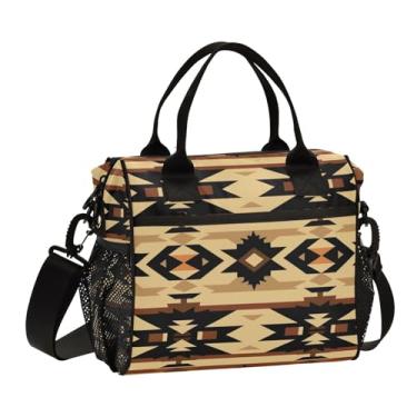 Imagem de GAIGEO Lancheira tribal com isolamento de estilo marrom e preto com alça, lancheira térmica para mulheres, lancheira de viagem, P