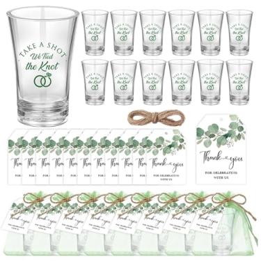 Imagem de JarThenaAMCS 50 conjuntos de lembrancinhas de festa de casamento para convidados verde sálvia copos de shot transparentes etiquetas de agradecimento sacos de organza com corda para chá de panela