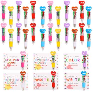 Imagem de FOIMAS Conjunto de 24 mini canetas multicoloridas em uma caneta esferográfica 4 em 1 com cartões de dia dos namorados para festa do dia dos namorados, escola, estudantes, presente de intercâmbio de