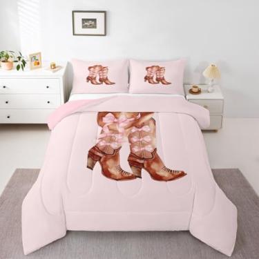 Imagem de Feelyou Conjunto de edredom de cowgirl ocidental, Queen, com chapéu de vaqueira, bota, para crianças, meninos, meninas, rosa, edredom para decoração de quarto, microfibra, 3 peças com 2 fronhas