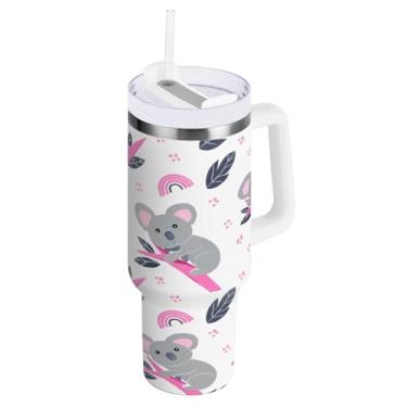 Imagem de Wassud Copo de coalas cinza com alça e tampa de canudo copo isolado garrafa de água de aço inoxidável à prova de vazamento caneca de viagem presentes para mulheres 1,134 g