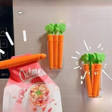 Imagem de Pacote com 5 ímãs de geladeira em forma de cenoura e clipes de vedação de saco, ferramentas organizadoras de cozinha multiuso (laranja)