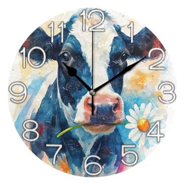 Imagem de GAIGEO Relógio de parede analógico decorativo funky alimentado por bateria relógio de cozinha rústico, arte de parede moderna legal decoração de casa aquarela vaca margarida, 25 cm, ponteiros pretos
