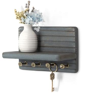 Imagem de Rebee Vision Suporte de parede decorativo de madeira de pinheiro pequeno – Porta-chaves funcional de 18 cm para parede com prateleira e ganchos – Essenciais de apartamento para decoração de casa para