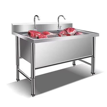 Imagem de Conjunto de pia de cozinha de restaurante comercial de aço inoxidável de aço inoxidável com kit de drenagem, para restaurante, lavanderia, garagem (120 x 60 x 80 cm)