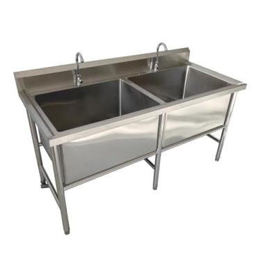 Imagem de Pia de cozinha comercial de aço inoxidável, pia de tigela dupla grande, pia de aço inoxidável independente, com kit de drenagem e torneira, para restaurante, lavanderia, garagem e quintal (120 x 60 x