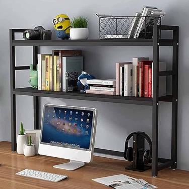 Imagem de Rack organizador de mesa ajustável de 2 camadas - estante de mesa de madeira e metal, estante de mesa para mesa de computador, prateleira de armazenamento de mesa aberta, para escritório/cozinha/sala