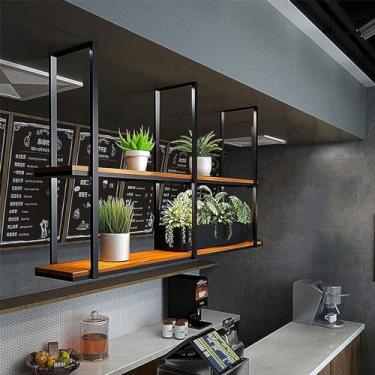Imagem de Prateleiras flutuantes de teto de 2 níveis | Prateleira suspensa industrial decorativa | Suporte de flores para pendurar para vinho | 60 cm-150 cm opcional | Moldura de metal preto e divisória de