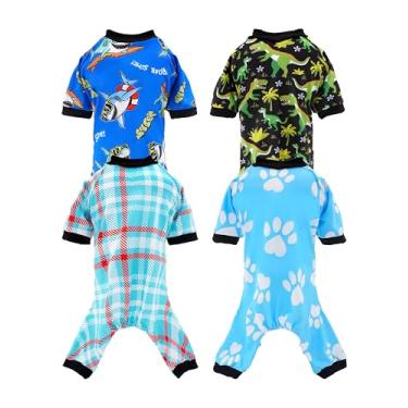 Imagem de PET SHOW Pacote com 4 pijamas de verão para cães de dinossauro tubarão roupas para cães médios e grandes meninos pijama elástico macio macacão xadrez pata de cachorro roupas roupas com manga animais