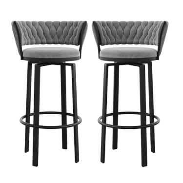 Imagem de Conjunto de 2 banquetas giratórias para bancadas de cozinha com encosto trançado, assento de veludo, pernas de metal preto, altura do assento 65 cm