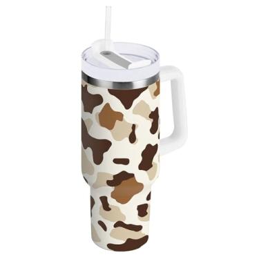 Imagem de SEHANY Copo de vaca marrom e branco de 850 g com alça, copo isolado de aço inoxidável a vácuo de parede dupla, à prova de vazamento, caneca de café isolada para viagem cabe no suporte de copo de carro
