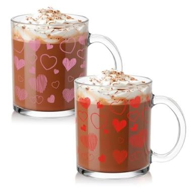 Imagem de Baderke 2 peças de canecas de coração de dia dos namorados 350 ml copos de café de vidro de coração com alça para presente romântico de festa de casamento para festas de casamento (vermelho, rosa)