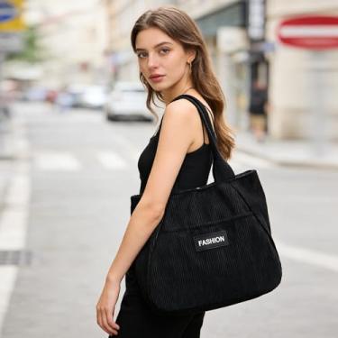 Imagem de Bolsa pequena de veludo cotelê preta, textura de veludo cotelê, bolsa de ombro fofa, bolsa de mão elegante e versátil para ocasiões formais, reuniões de negócios e eventos