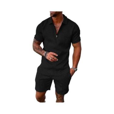 Imagem de Conjunto De Camiseta E Shorts Masculinos Pretos, T-Shirt Esportiva De 