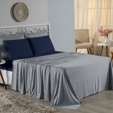 Imagem de Jogo De Cama Casal Nobre 4 Peças Lençol Com Elástico De 30cm De Altura Malha 100% Algodão - Cinza / Azul-marinho