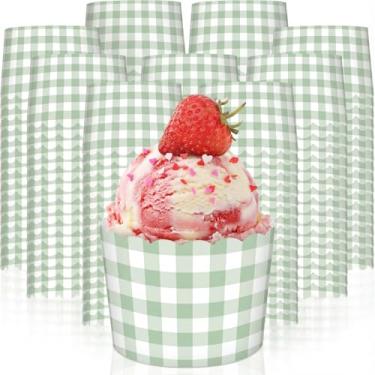 Imagem de Vesici 150 peças de copos de sorvete de guingão verde sálvia 283 g tigelas de papel de sobremesa guingão recortado tigelas de sobremesa descartáveis para alimentos Sundae iogurte sopa suprimentos de