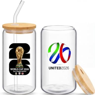 Imagem de Copos de vidro de mercadoria da Copa do Mundo de 2026 com tampas e canudos Copa do Mundo Troféu Evento Esportivo Copos de Café Gelado Festas Bares Presente para Fãs de Futebol para Casa, Cozinha
