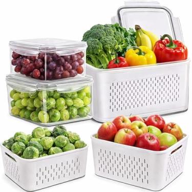 Imagem de Kit 3 Potes Organizadores de Geladeira Hermético com Trava nas Tampas Borracha Isolante e Cesto de Escorrer Removível - Organizador de Alimentos Frutas Legumes Saladas - Sem BPA