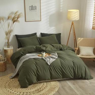 Imagem de AMZTOP Capa de edredom de algodão lavado verde tamanho casal 3 peças (1 capa de edredom com 2 fronhas), jogo de cama 100% algodão para todas as estações, capas de colcha macias respiráveis e