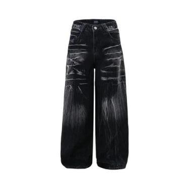 Imagem de Calça Jeans Masculina Preta De Perna Reta Solta Com Estampa De Raios E