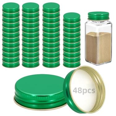 Imagem de 48 tampas de potes de ferro para potes quadrados de 113 g e 170 g reutilizáveis latas herméticas de armazenamento de especiarias para cozinha de vedação agradável (verde)