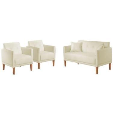Imagem de Conjunto Poltronas Helena Linho Bege Com Pés Em Madeira