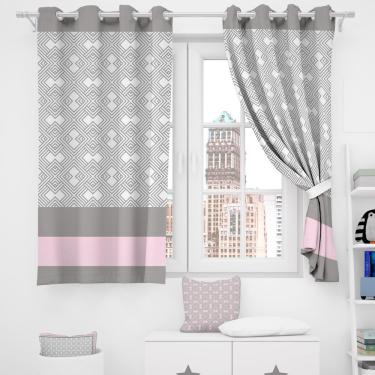 Imagem de Cortina 2 Metros Para Quarto Estampada Atrina Cinza/rosa 2,00m X 1,50m Para Varão Simples