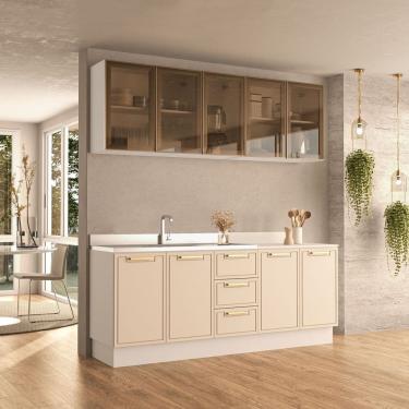 Imagem de Cozinha com Rodapé Aéreo Cristaleira e Balcão Amara Creme/Branco