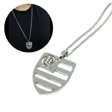 Imagem de Cordão Corrente Grumet 70cm Pingente Masculino Prata Escudo Flamengo Mengão Aço Inox Premium-Masculino