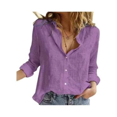 Imagem de Blusa Casual Elegante De Algodão E Linho Para Mulheres, Manga Longa, C