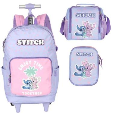 Imagem de Mochila Infantil Rodinhas Stitch com Lancheira e Estojo 100 Pens Roxo 