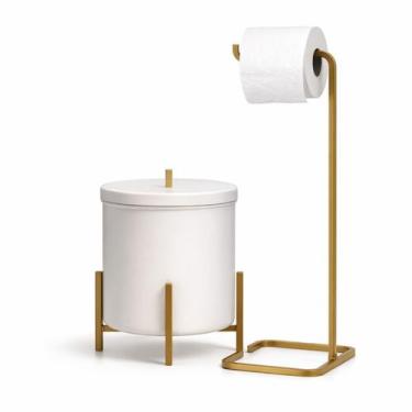 Imagem de Kit Lixeira 6L Branco e Dourado e Porta Papel Dourado Aço Level Elegân