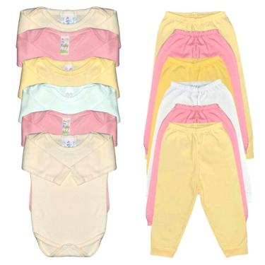 Imagem de Kit Roupa de Bebê 12 Peças - Body Manga Longa e Mijão Sem Pé - 100% Algodão